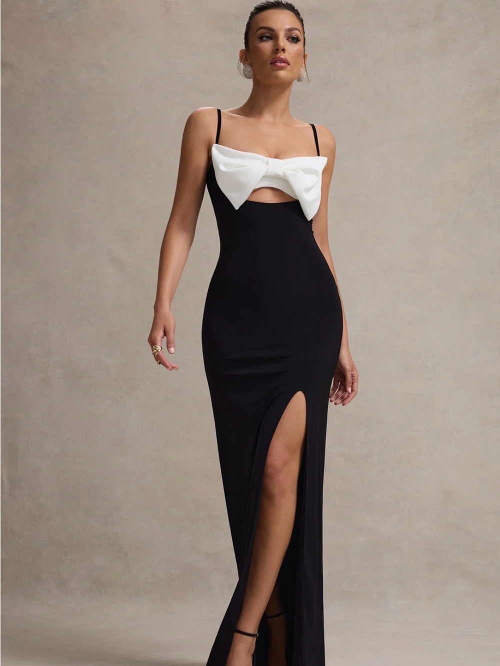 CLUB L London Emmalou Black & White Bow-Accent Strappy Maxi Evening Gown Dress
